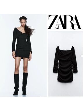Zara black V-neck long sleeve ruched gathered mini dress bodycon cocktail S NWOT